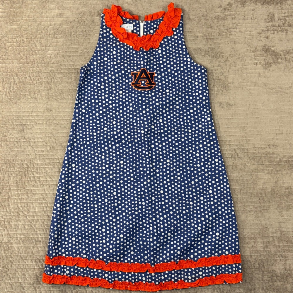 Vive La Fete Auburn Tigers Girls Polka Dot Ruffle Dress Blue Orange Size 10
